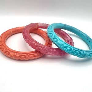 Vintage Lucite Carved Pink, Orange, and Teal Bangles Made in Hong Kong